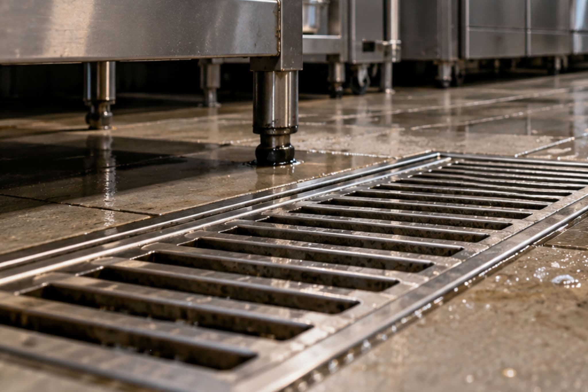 Stainless steel channel drain running across the wet tiled floor of a commercial kitchen